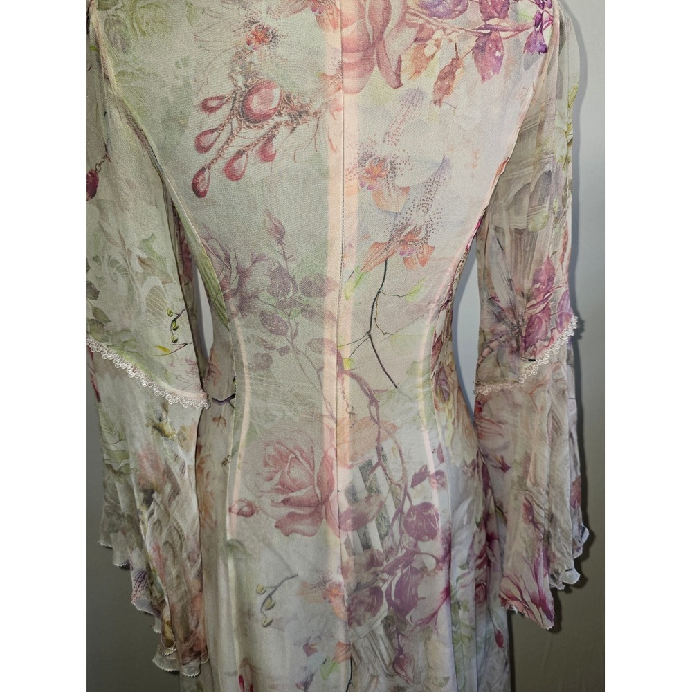Romantic Floral Maxi Dress Women Sheer Overlay Bell Sleeve renfair fairycore - Picture 10 of 16
